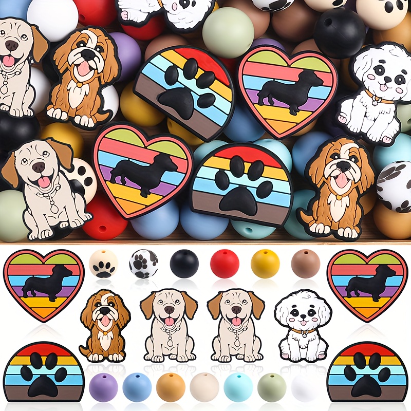 

80pcs Dog Paw Silicone Beads Set - 15mm Round & Print Spacer Beads For Diy Keychains, Necklaces, Bracelets - Crafting Kit For Handmade Projects, Silicone Character Beads