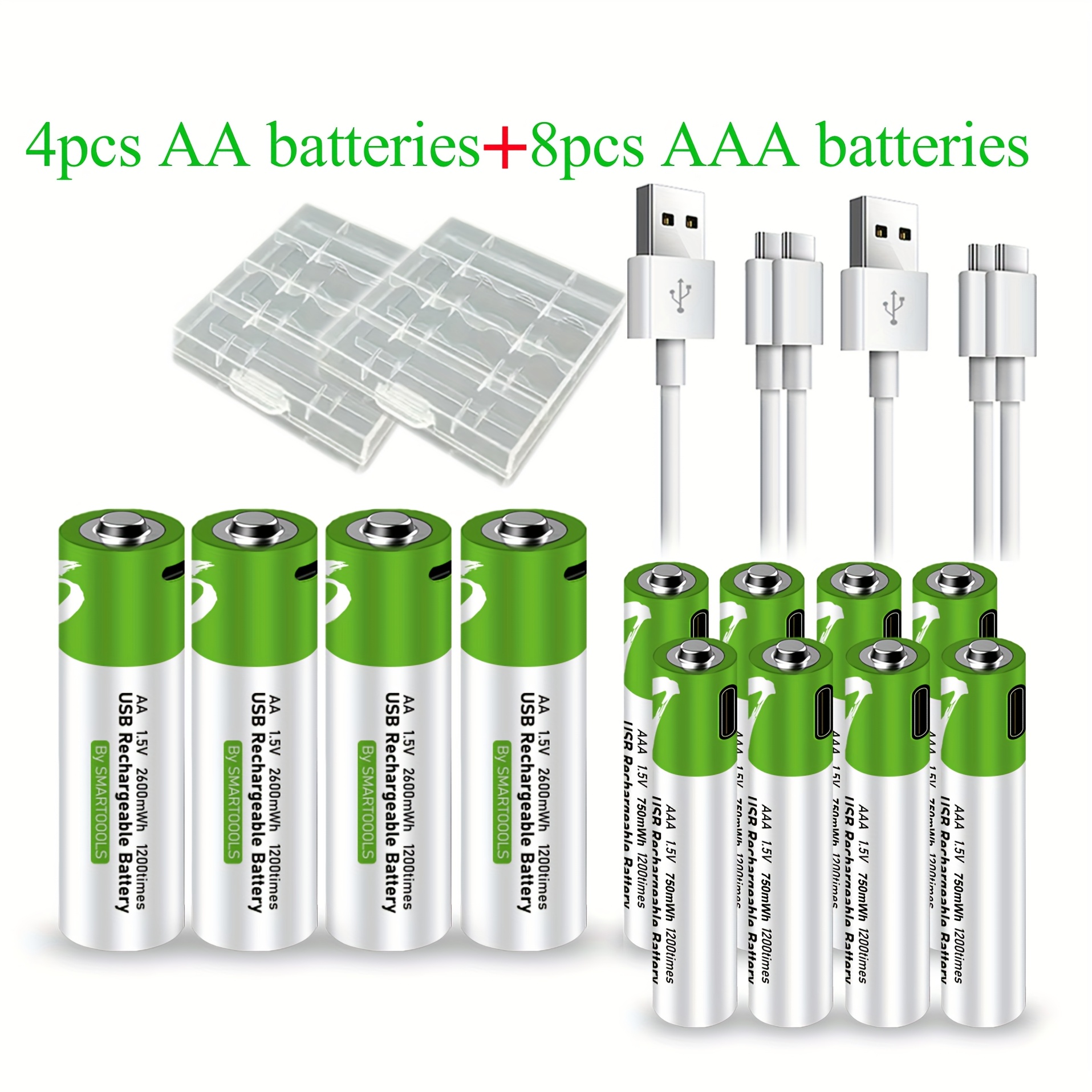 TEMU 4pcs Aa + 8pcs Aaa Battery Aa+aaa Batteries Set, Usb/type- Aaa Lithium Rechargeable Battery, High Capacity 1.5v 1733mah 2600mwh + 500mah 750mwh