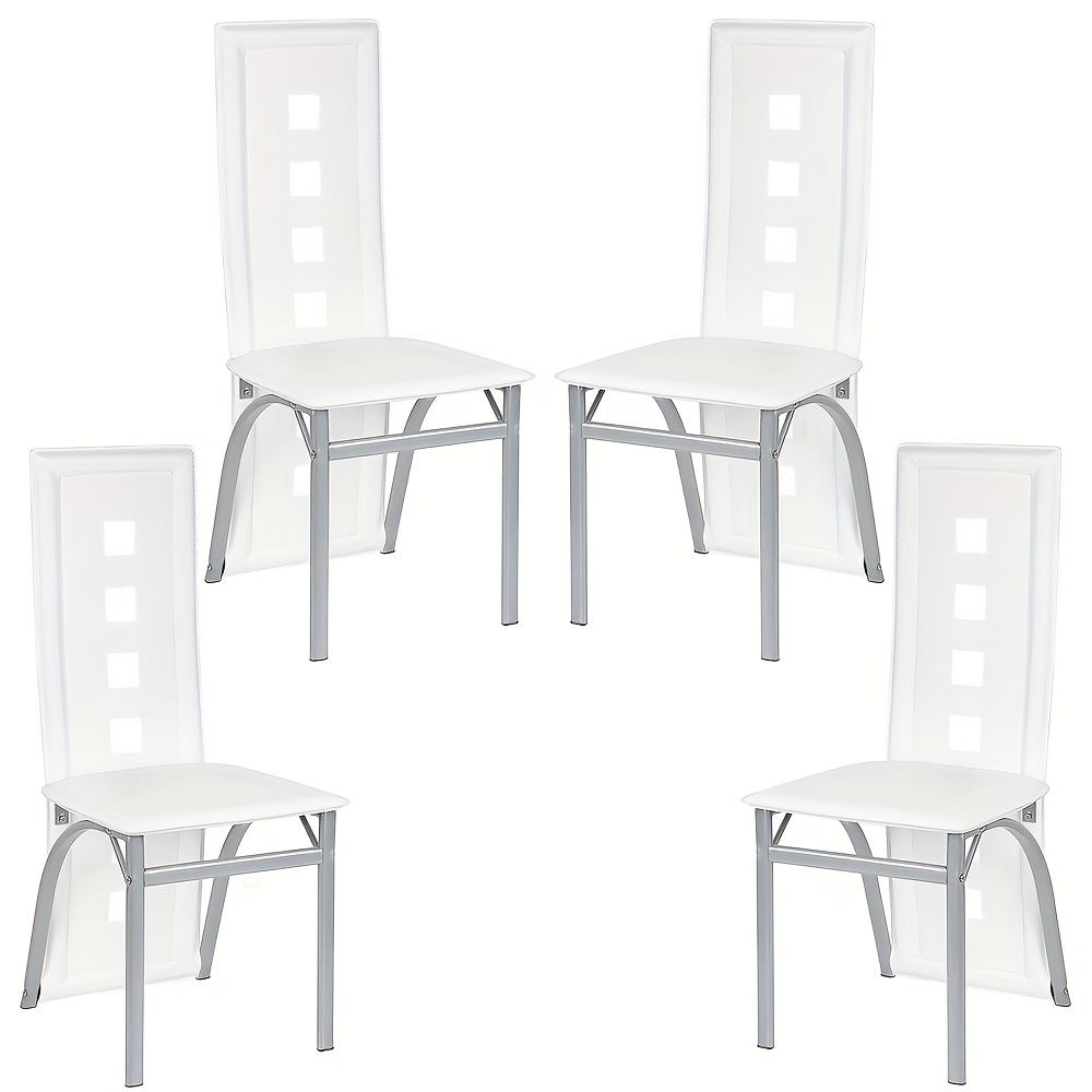 Image of Collection Of 4 White Pu Dining Chairs With 6 Holes And Chrome Legs - Contemporary Kitchen Seating For Dining Areas, Cafes, Restaurants