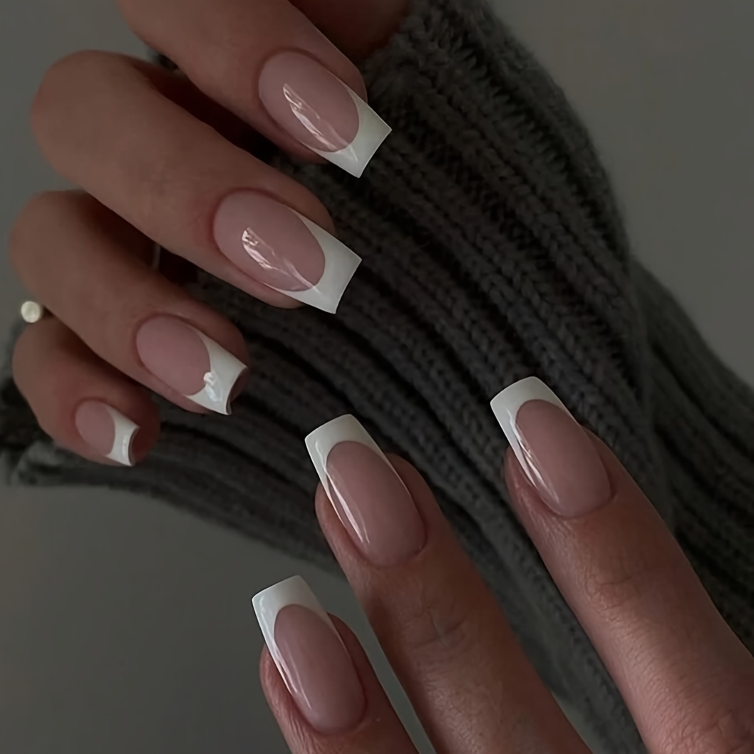 TEMU 24pcs French Tip Ballet Nail Set, Mixed , Medium Length, Pure , High Gloss Finish - Professional Chic Office Wear Press-on Nails