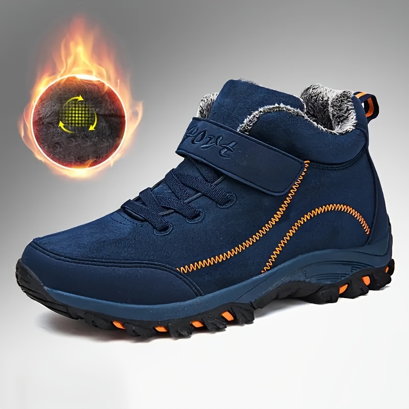 Durable Anti-slip Men's Winter Snow Boots - Fleece-lined Hiking Ankle Boots With Hook-and-loop Fastener Closure And Rubber Sole For , Black