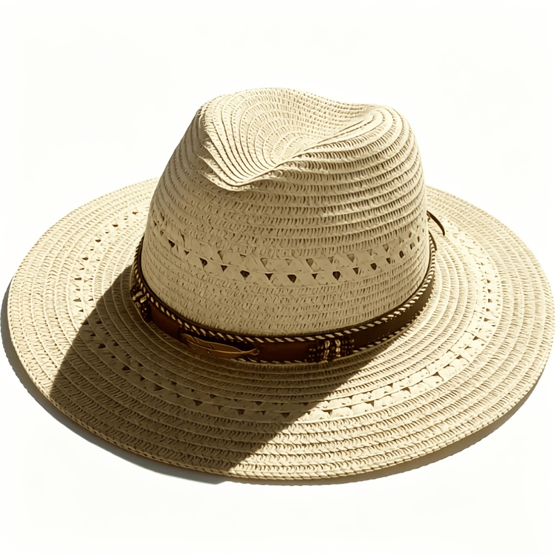 TEMU 1pc Minimalist European And Western Cowboy Hat, With Brown-yellow Feather Additions, Suitable For Wearing , Summer, And Autumn, Outdoor Hiking,