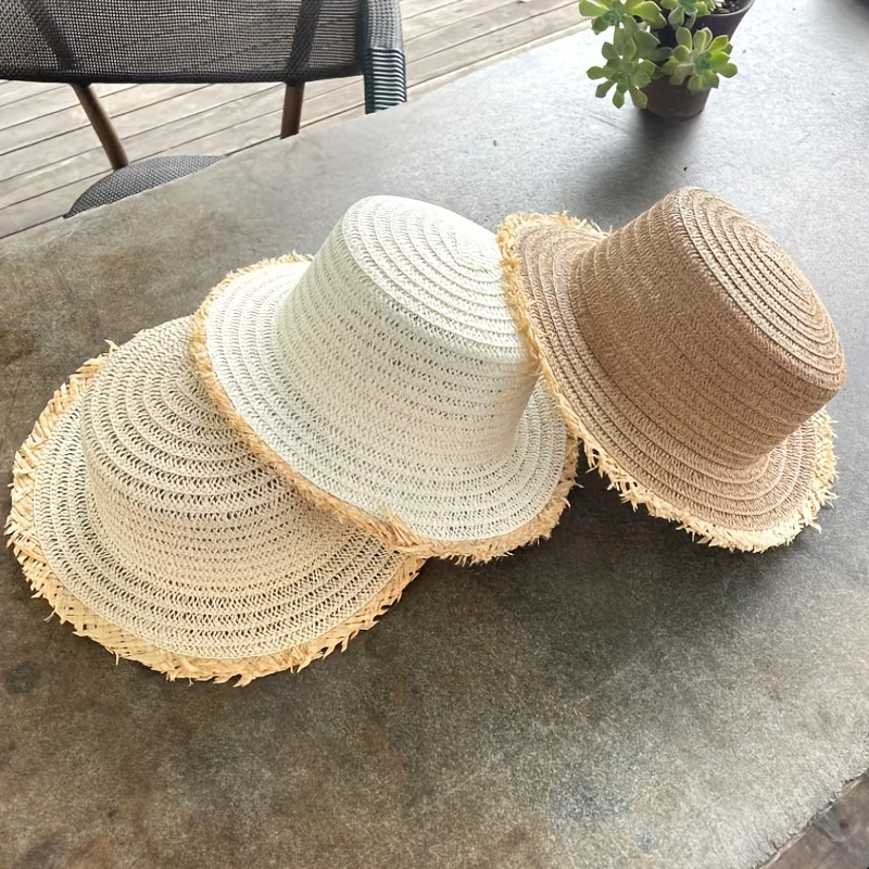 Summer Women Hollow Straw Hat Color Matching Hem Bucket Hat Folding Sun Hat