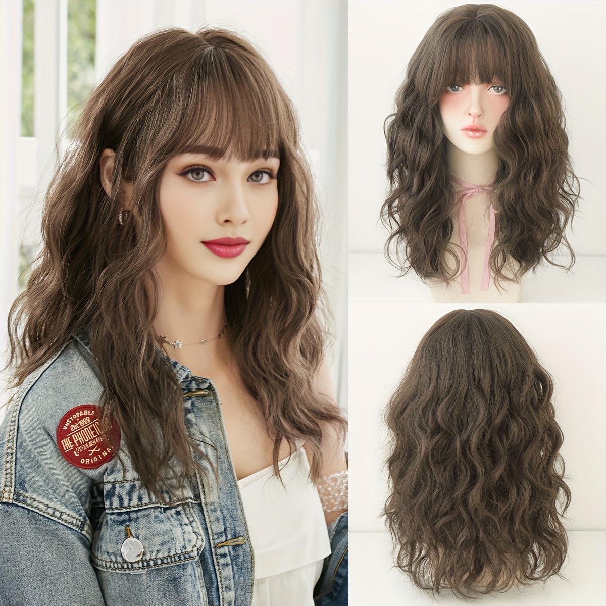 

Routine Wigs With Bangs Middle Long Cold Brown Wigs For Women Daily Party Use High Density Heat Resistant Synthetic Wig 22 Inches, Synthetic Wig,