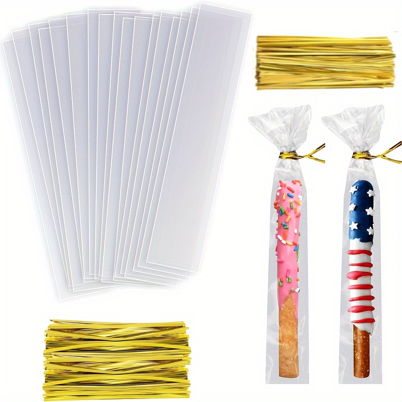 

300 sachets transparents en cellophane avec attaches dorées, 5,5 cm x - Emballage plastique polyvalent pour cadeaux de fête, biscuits, bonbons et présentoirs à bijoux