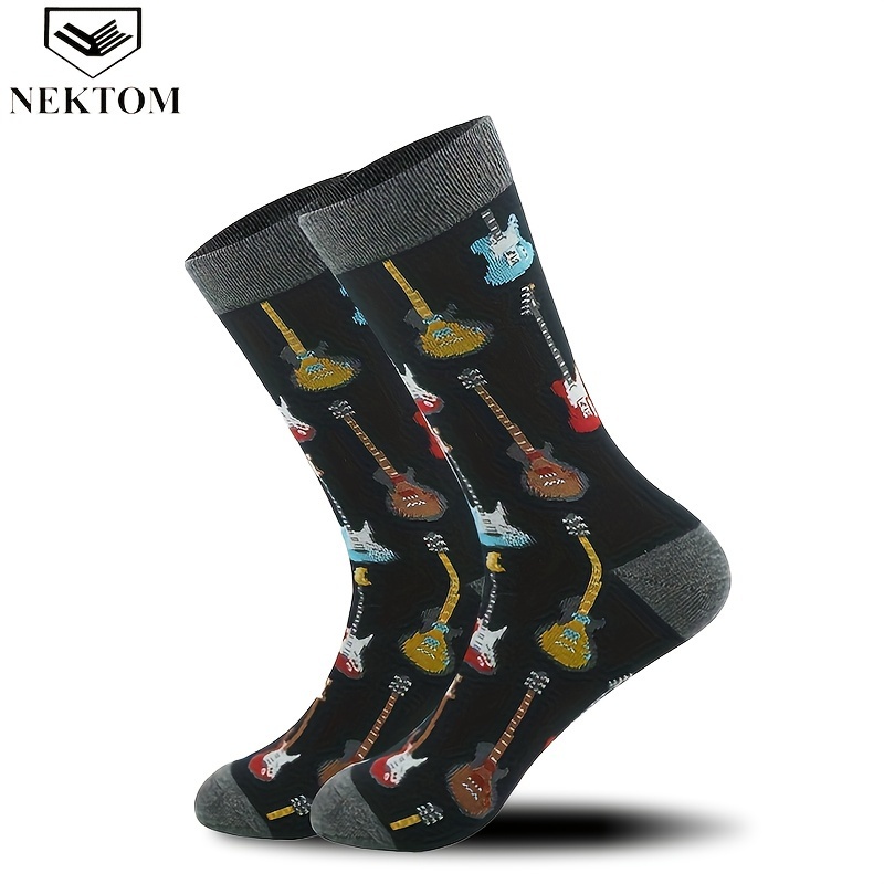 

1 Pair Of Men's Trendy Cartoon Guitar Socks, Breathable Comfy Casual Socks For Men's Outdoor Wearing All Wearing