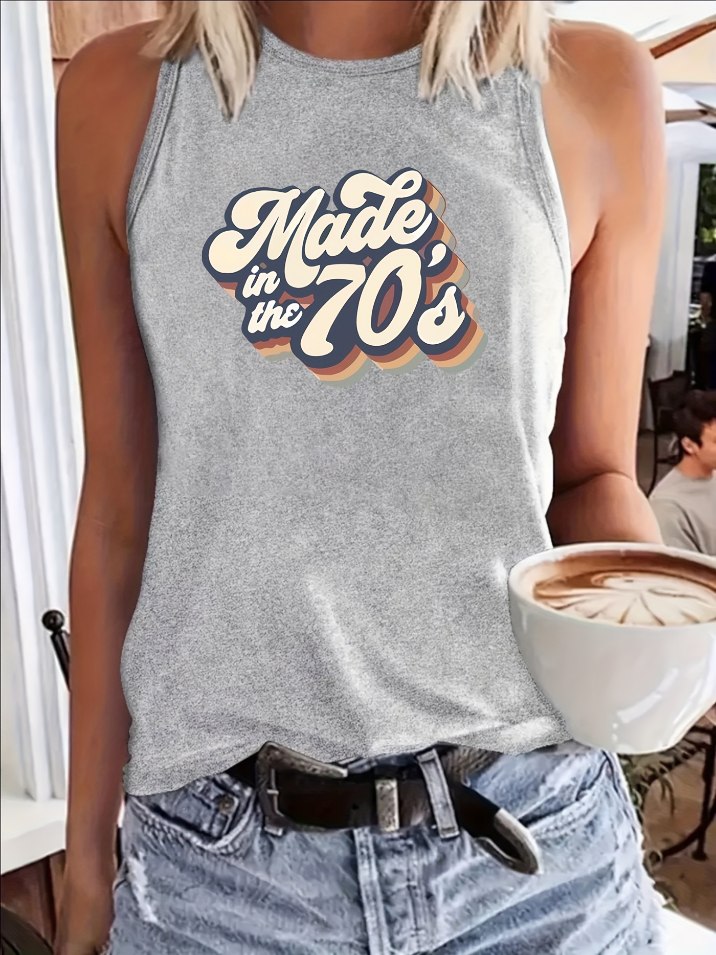 Women's Gray Sleeveless Tank Top with Retro &*;Made in 70's&*; Graphic  Print Fabric, Round Neck, Machine Washable Casual Wear,