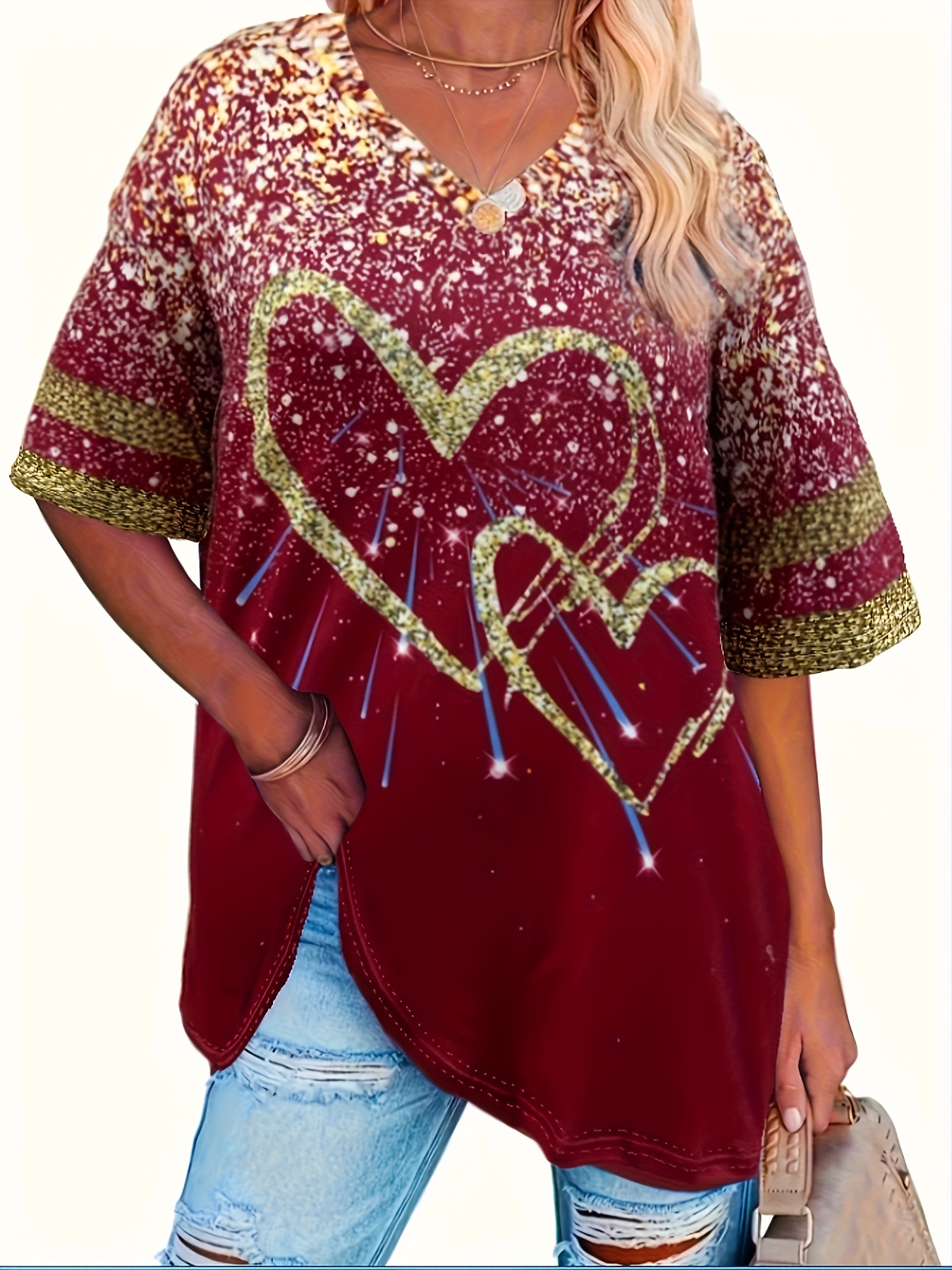 Women's Casual V-Neck Short Sleeve T-Shirt - Royal Blue with White Heart Print, Breathable Fabric, Machine Washable for Spring Summer Fall, Seasonal Fashion, Striped Detailing, Relaxed Fit Shirt
