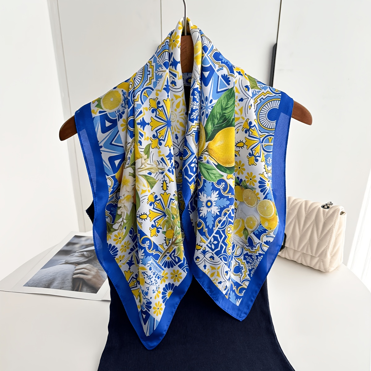 TEMU 1 Blue Square Scarf, A Fashionable Lemon-pattern Printed Headscarf, A Decorative Neckerchief For Women, A Soft And Y Small Shawl Suitable For