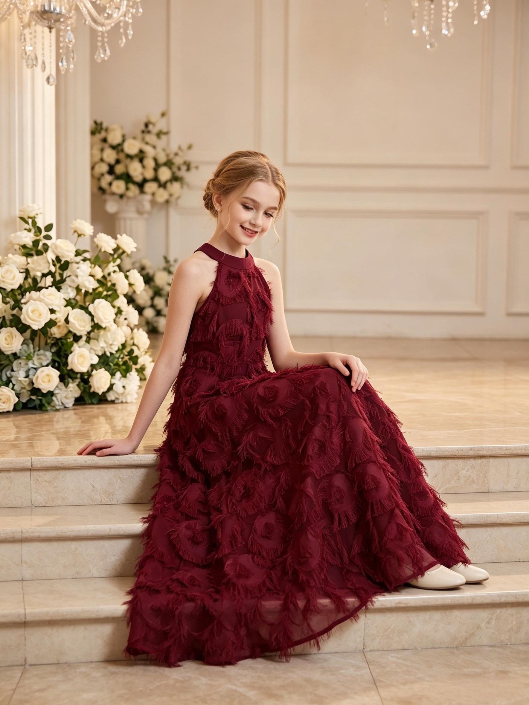 burgundy childrens bridesmaid dresses girls halter tassel dress children sleeveless a Color:Rumba Red which adds an elegant western dress Anne Klein Women's Drape-Front