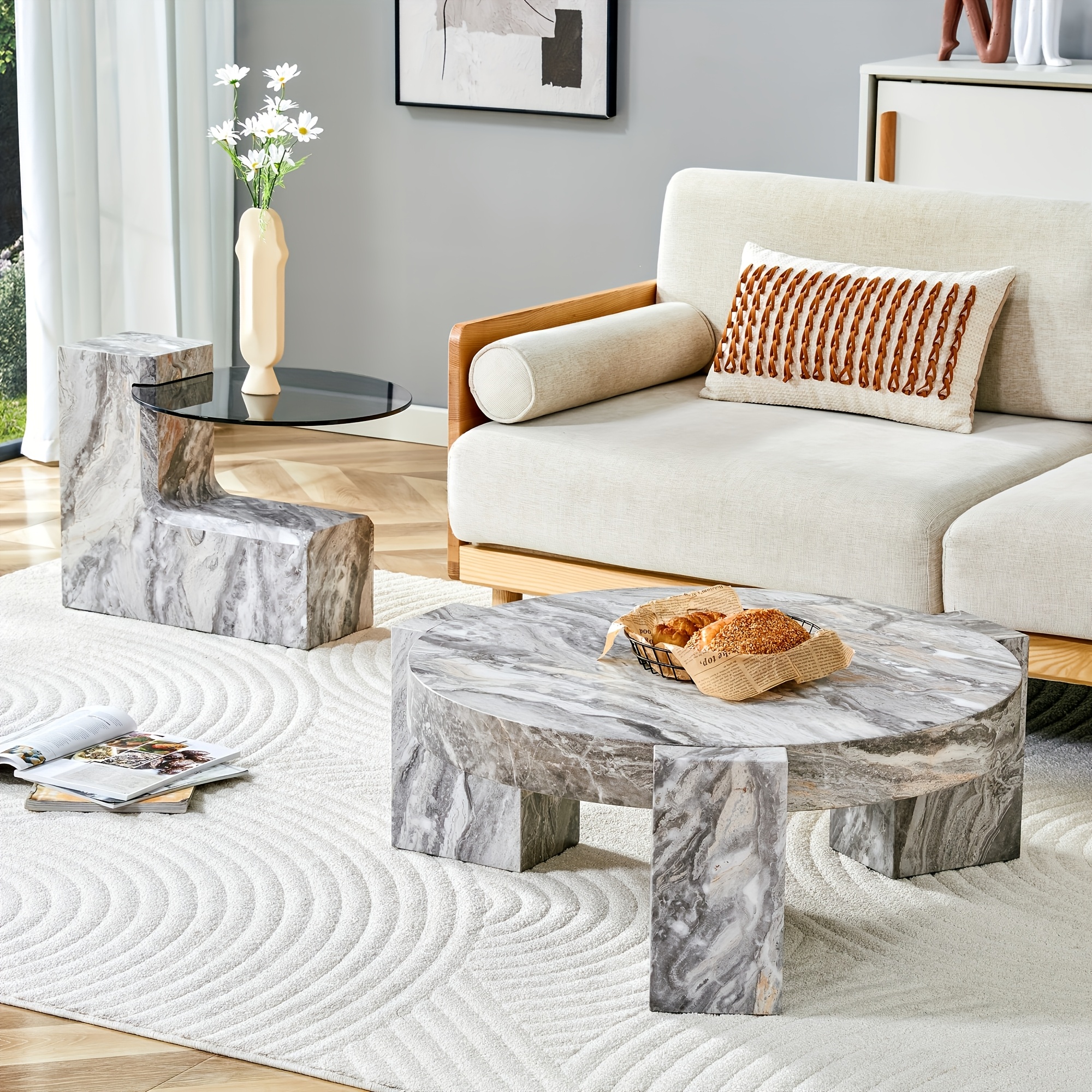MUUOKY Modern Round Nesting Coffee Table with Faux Marble Top & Glass Side Table - 24” Center Table Suitable for Living Room, 2-Tier Space-Saving, Easy Assembly, Luxury Apartment Furniture, Engineered Wood Base for Small Homes