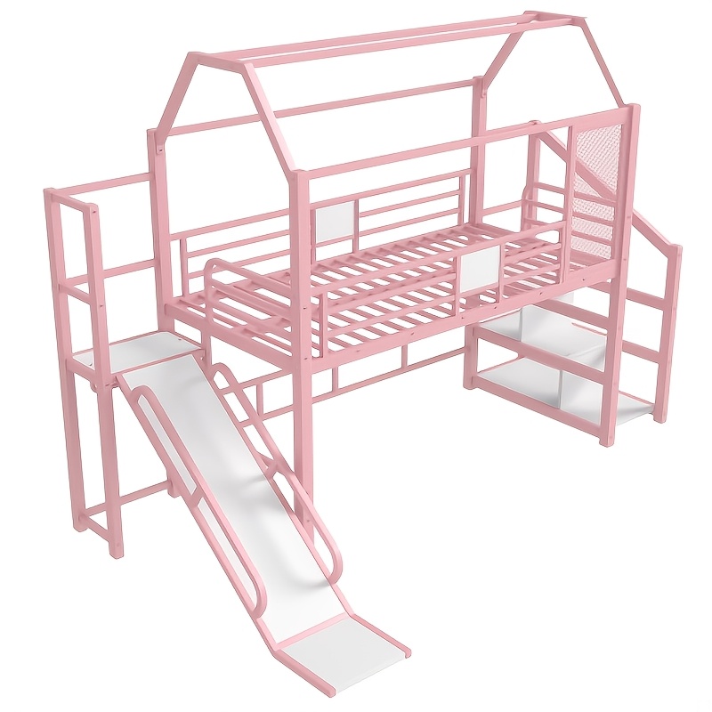 BELLEMAVE 2-1 Twin Loft Bed with Slide And Stairs, Metal Playhouse Bed with Storage Shelves, House-shaped Loft Bed And Noise-free Design, Pink