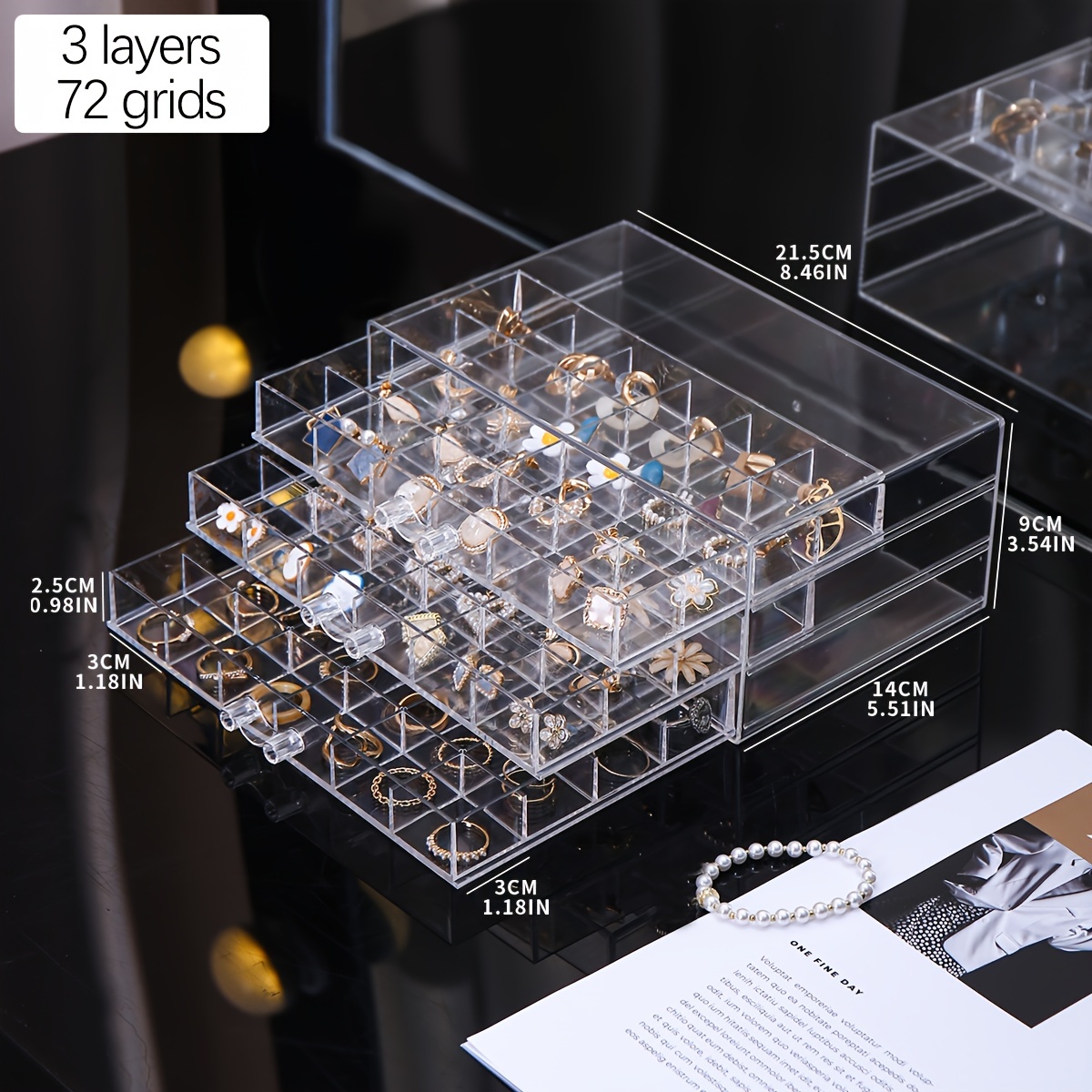 TEMU 1pc 3-/5- - Plastic Jewelry Organizer Box Drawers For , Necklaces, Bracelets, , Art Rhinestones - Dustproof, , , Rectangular Storage Snap