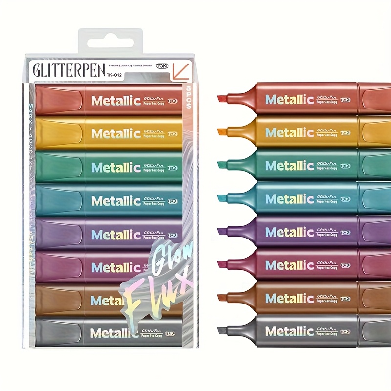 Image of 4/6/8 Colors Sparkling Metallic Highlighters Set - Quick-dry No Smudge Glitter Markers With Chisel Tip, & Non-toxic Ink For Note Taking, Journaling, Coloring, Planners, Art (vivid Pearlescent Colors)