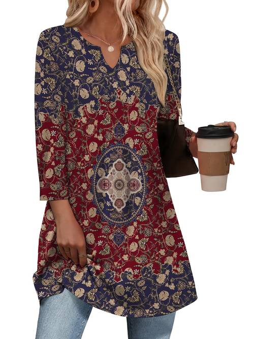 womens v neck 3 4 sleeve blouse t shirt loose fit longline top with full body print suitable for casual office vacation wear machine washable opaque shirt year round basic wardrobe essential