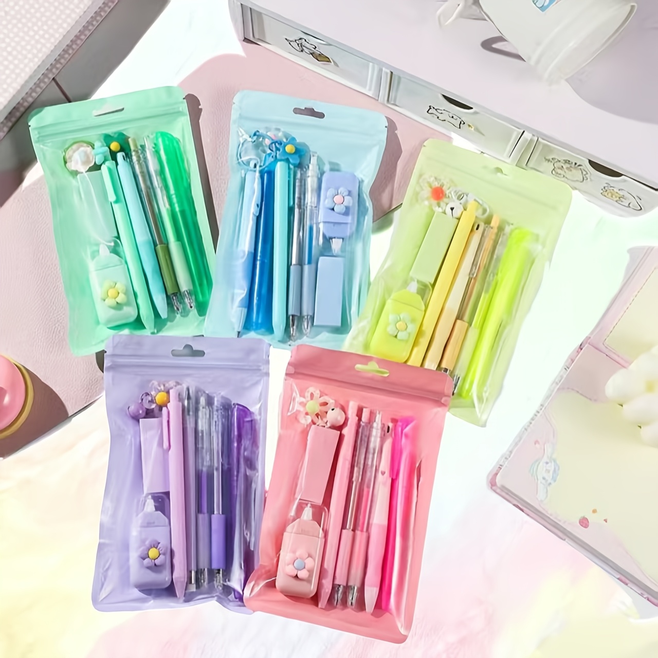 8pcs stationery set   pencils ballpoint pens erasers pendants and more 5 set options   meeting   needs such as writing correcting marking and decorating