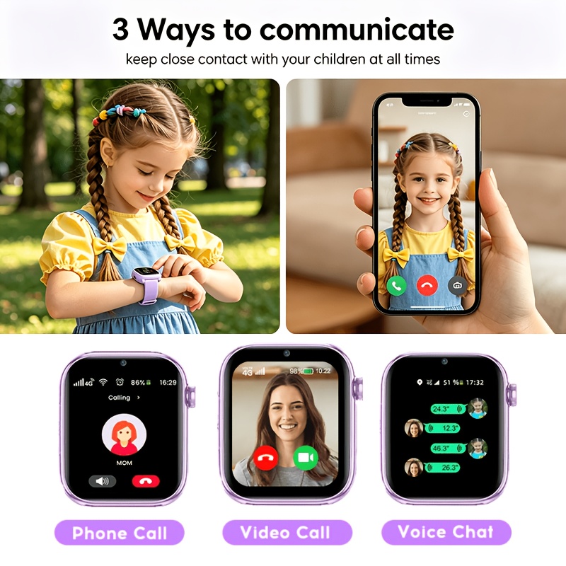 Kinder Smartwatch 4G Smartwatch LTE, GPS-tracker, Videogesprek, SOS-knop, Spraakchat, Schoolmodus, Stappenteller, Wekker, Spelletjes, Roze, Paars, Blauw, Zwart, Cadeau voor Meisjes Jongens
