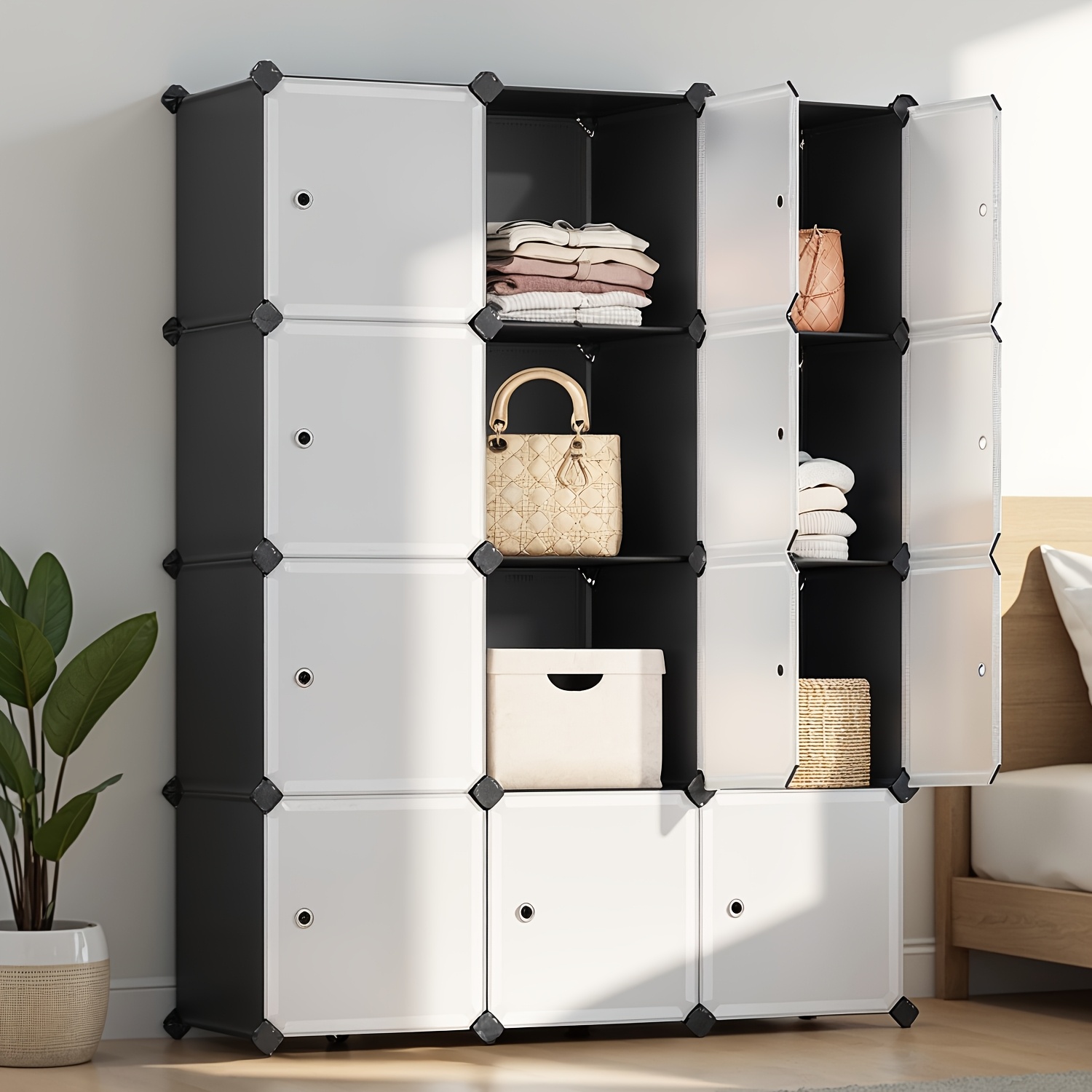 A Black And Set Consisting Of A Plastic Wardrobe, A Shoe Rack With Doors, And 12 Cubes For Storing Clothes, Shoes, And Books, Portable Closets