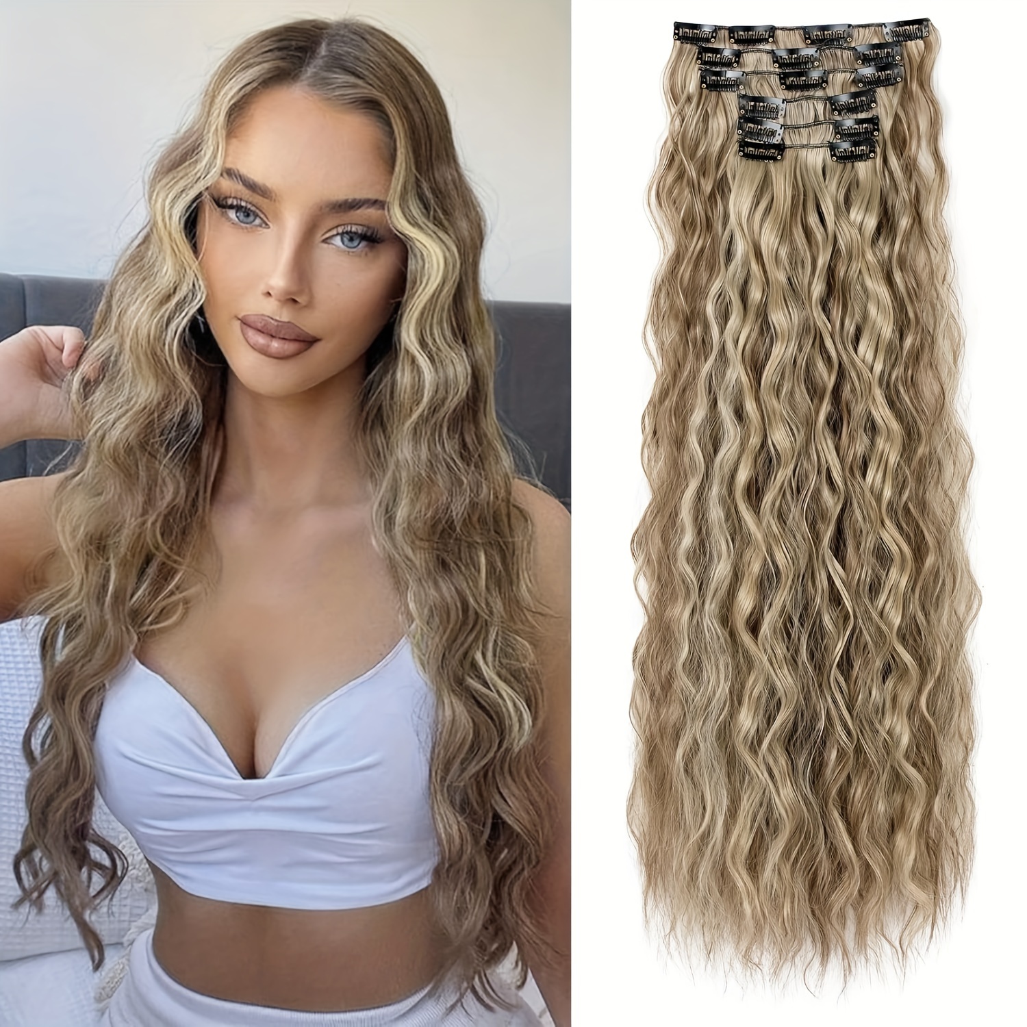 6pcs luxurious 24 inch blonde clip in wavy hair extensions for women   synthetic   friendly   coverage with elegant white diamond accents ponytail hair extensions details 4