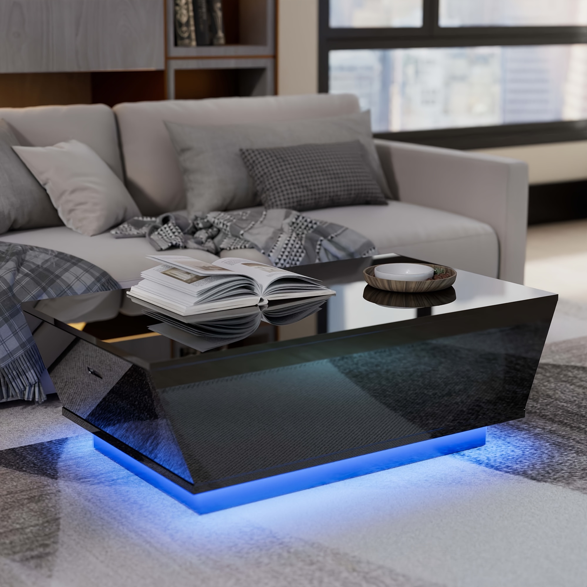 

High Gloss Coffee Table With Led, Modern Center Table With 2 Large Hidden Storage Drawers For Living Room