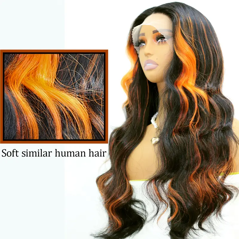 synthetic 13 4 1 lace wigs orange black highlight body wavy wig lace front wig skunk stripe long curly wigs for woman heat resistant synthetic wigs daily party cosplay use details 0