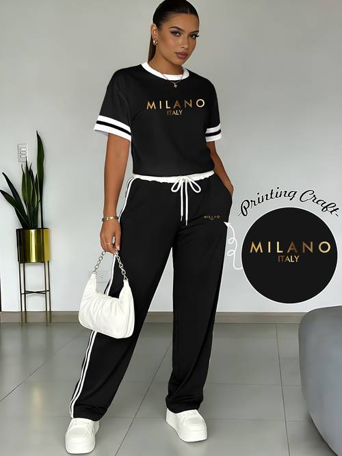 dames casual set, contrast ronde hals t-shirt met korte mouwen en lange casual broek - eenvoudig letter print design - opties - geschikt voor alle seizoenen, casual kleding - - modieus, veelzijdig