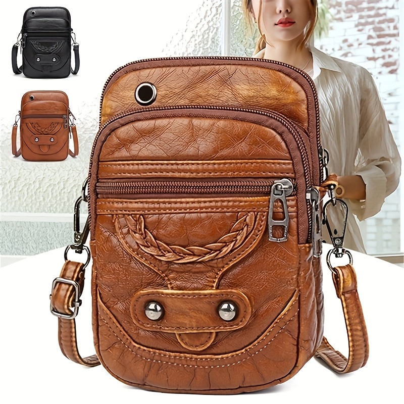 

【 de Voyage】Sac Bandoulière Vintage Marron pour Femme - Mini Sac à Téléphone Vertical avec Fermeture Éclair Décorative, Bandoulière Ajustable & Compartiments Multiples, Petit Sac Bandoulière