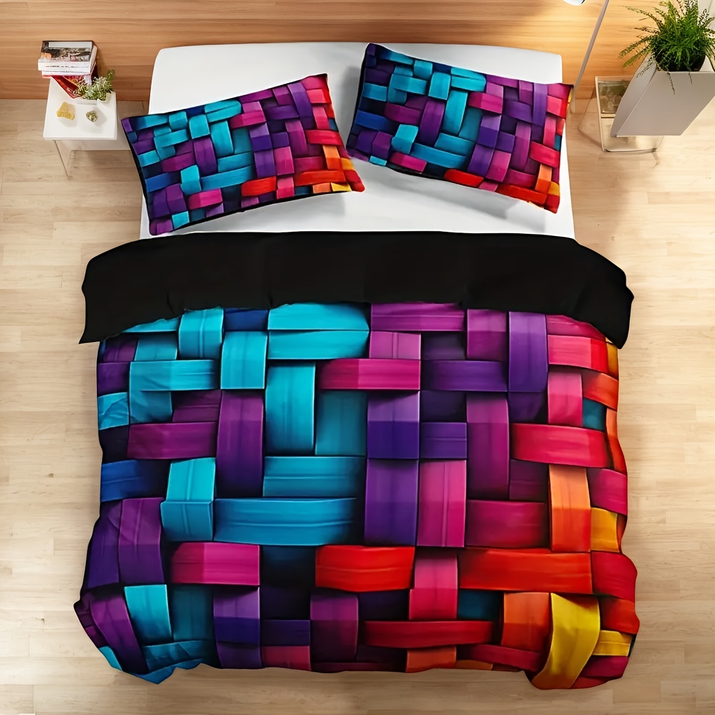TEMU 3pcs Polyester Colorful Grid Print 3d Printed Duvet Cover Set, Modern Home Decor, Gift For - Soft And Comfortable Bedding For Bedroom And - 1