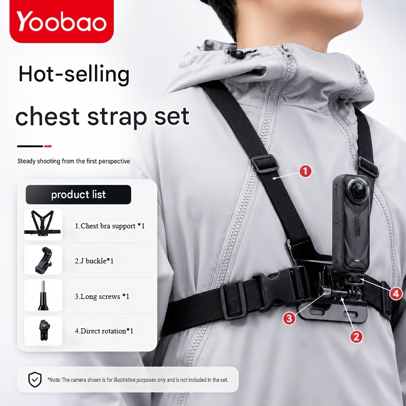 TEMU Yoobao Adjustable Camera Chest Mount Harness Compatible With X3/x4/x5, Universal Action Camera Chest Strap With Screw Adapter Options, Shooting