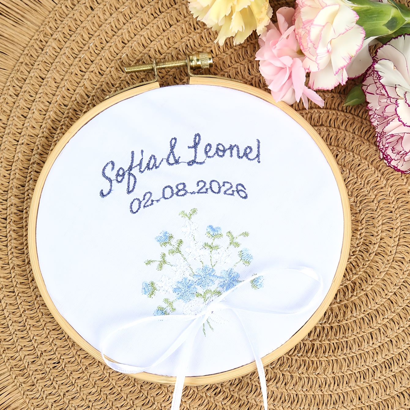 TEMU Cuscino personalizzato per anello nuziale con , personalizzato con nomi della , cuscino portanuovi multicolore con fiori, portanuovi per anello