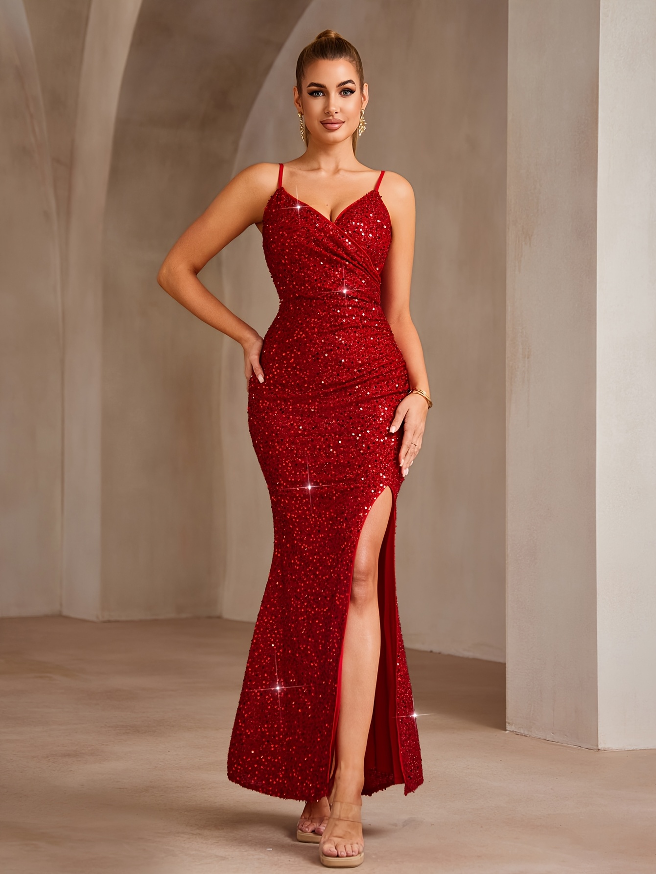 Elegant Red Sequin Off-Shoulder Gown for Women - High Waist, Split Thigh,  Backless Formal Evening Dress with Adjustable Spaghetti Straps * Weddings &  * Wedding Guest Attire | Backless Sequin Dress | ...