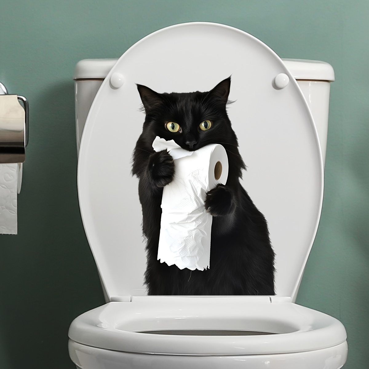 1pc Black Cat Biting Paper Toilet Sticker, Cute Animal Decorative Wall Decal, Bathroom , Home Decor, Background Wall Decoration, Self-adhesive And Removable, Used For Decorating Living Rooms, Bedrooms