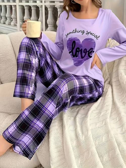 valentines day womens heart and slogan print pajama set comfortable fabric loose neck long sleeve top elastic waistband long pants casual pajama set