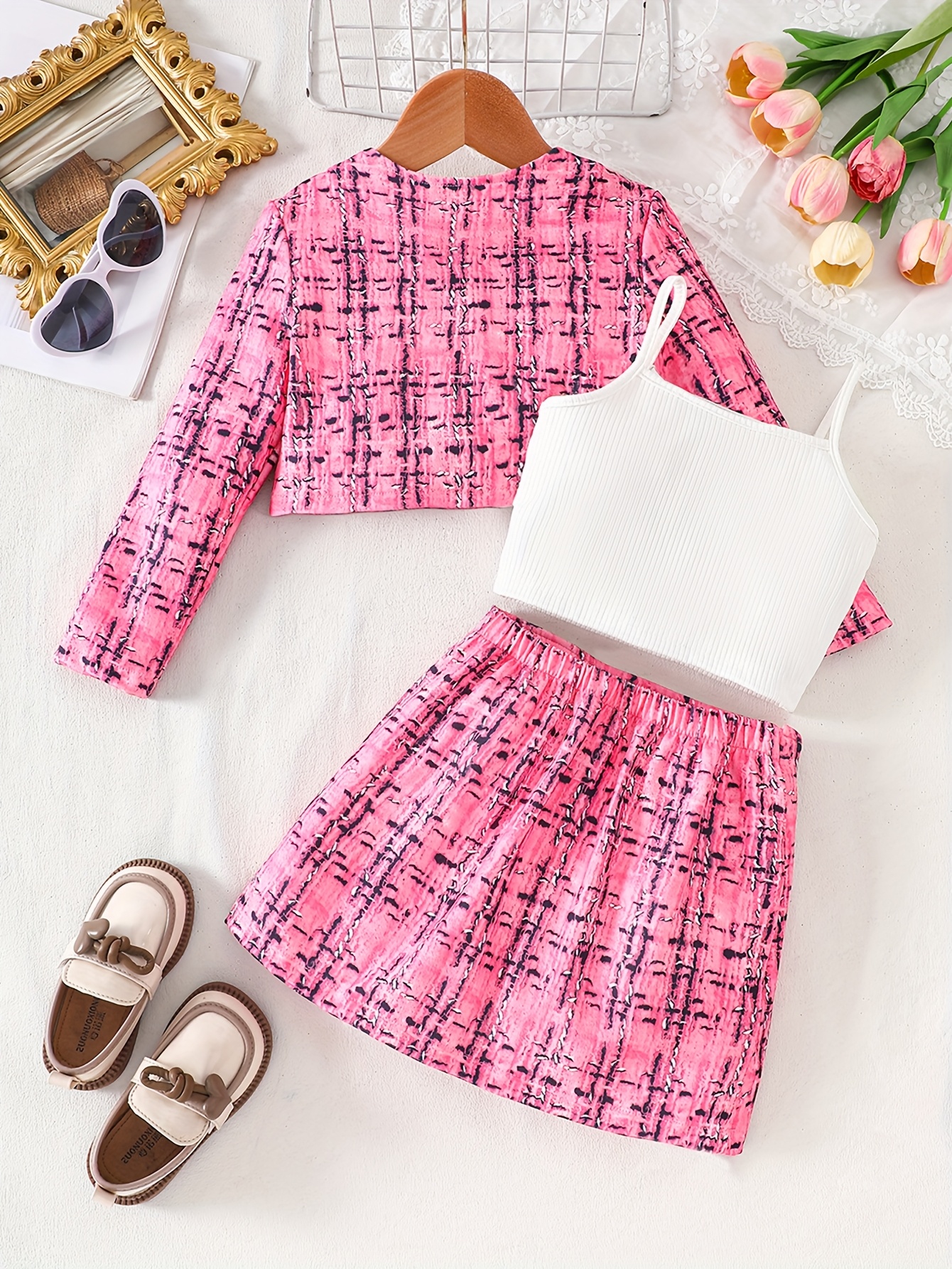 3pcs girls spring autumn set lightweight knit button up long sleeve jacket stretchy camisole   skirt for girls aged 3 8 suitable for outdoor wear Product details 11