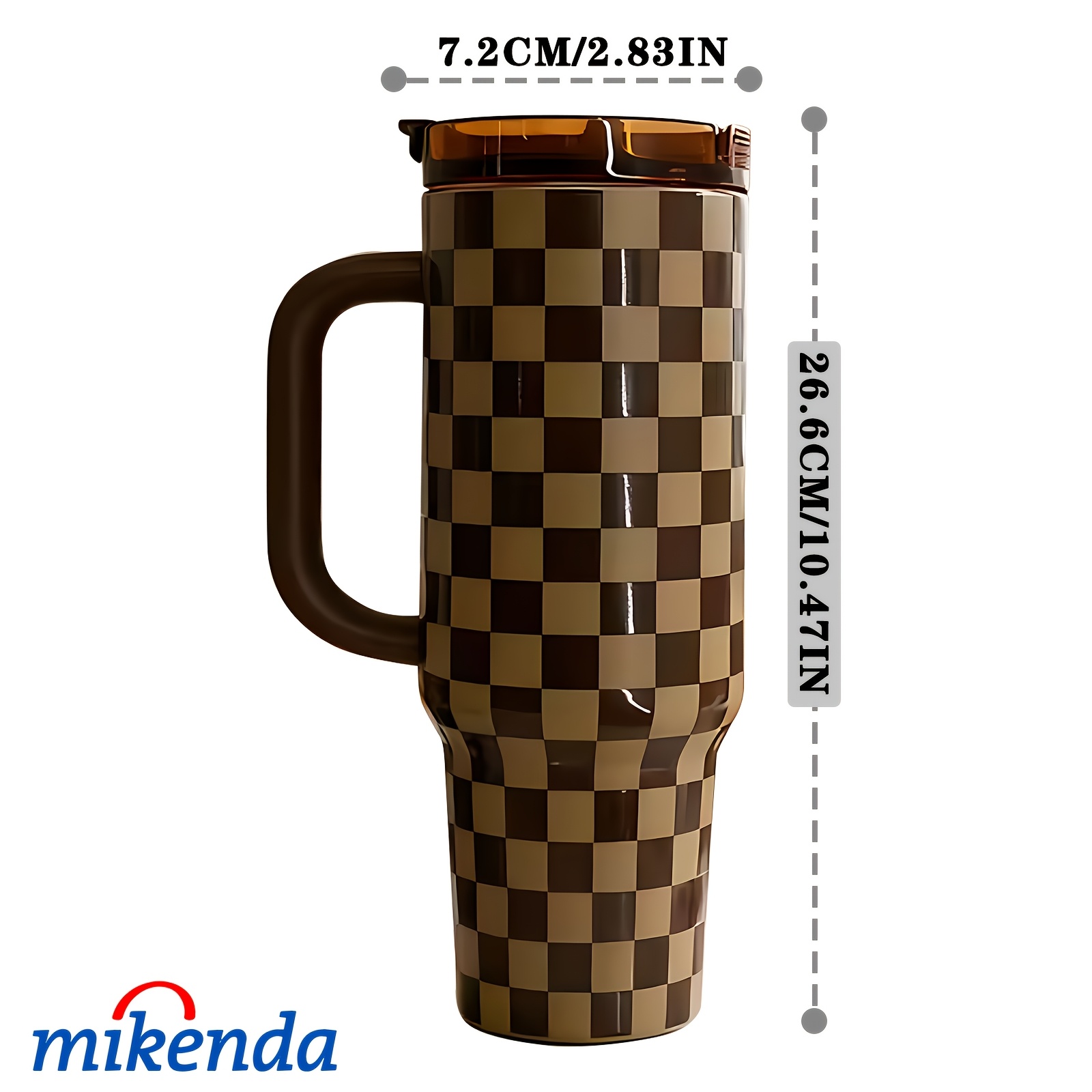 TEMU 1pc 40oz Stainless Steel Insulated Tumbler With Handle, Lid And Straw, Brown Checkered, Dual-use Drinking, Portable Travel Mug, Ideal For Office