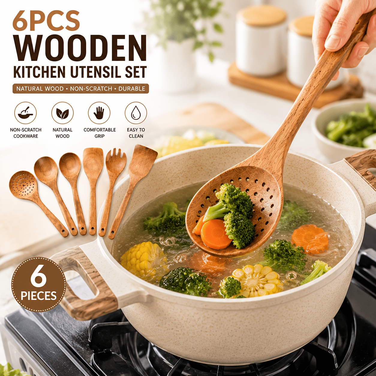 TEMU Ensemble de 6 ustensiles de cuisine en bois d'acacia, cuillère et spatule en bois pour la cuisson, accessoires de cuisine compatibles avec les