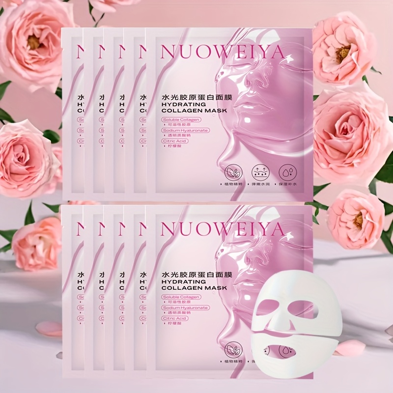 Image of 10pcs Korean Sheet Mask With Collagen, Niacinamide & Rose - Hypoallergenic, Paraben-free, For Types Suitable For Dry,, -prone Skin - Hydrating,, Face Masks For Glowing Skin, Korean Skincare Routine