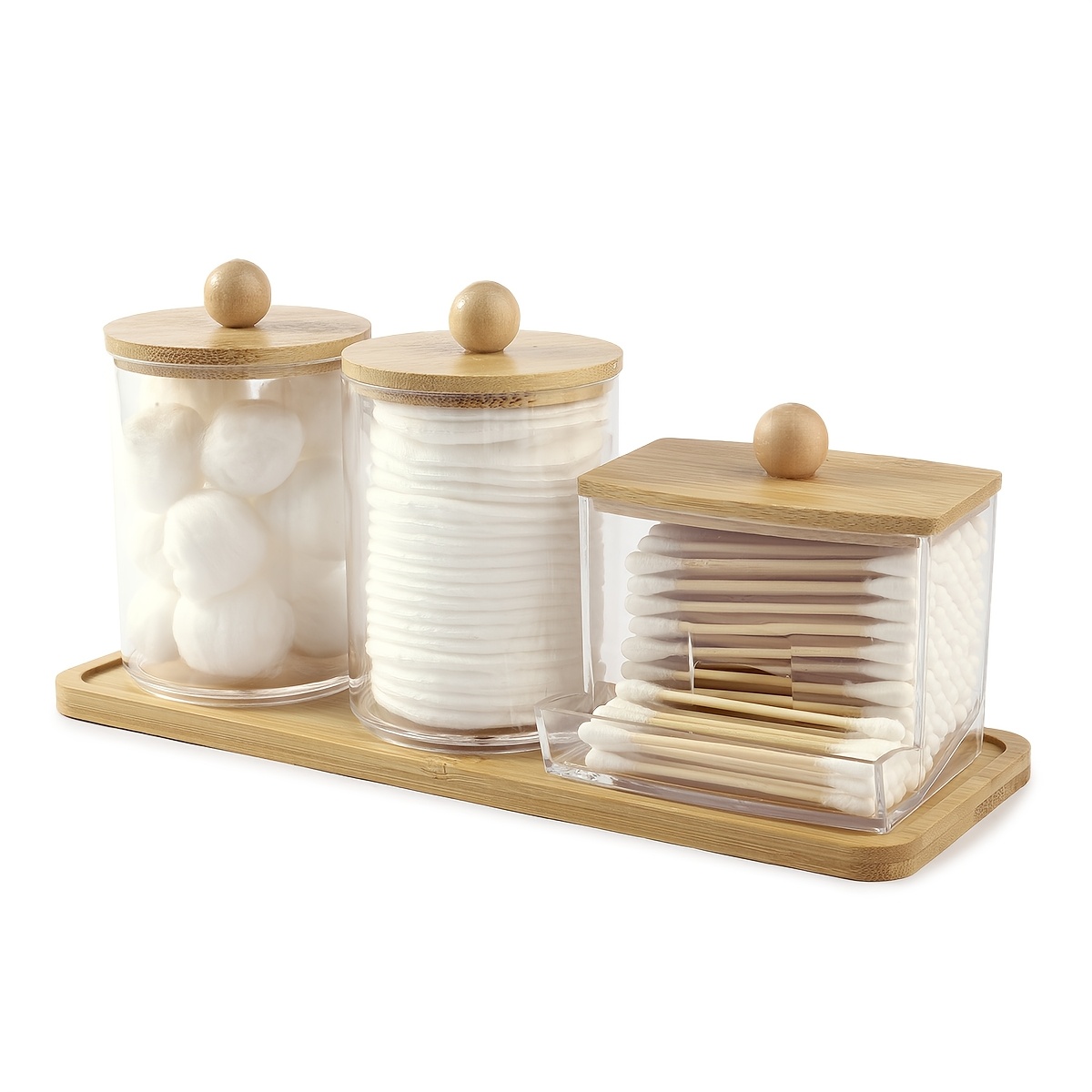 

3-pack Clear Acrylic Jars With Bamboo - Refillable Bathroom Organizers For Balls, Swabs, And Floss Picks - Dispensers With Tray