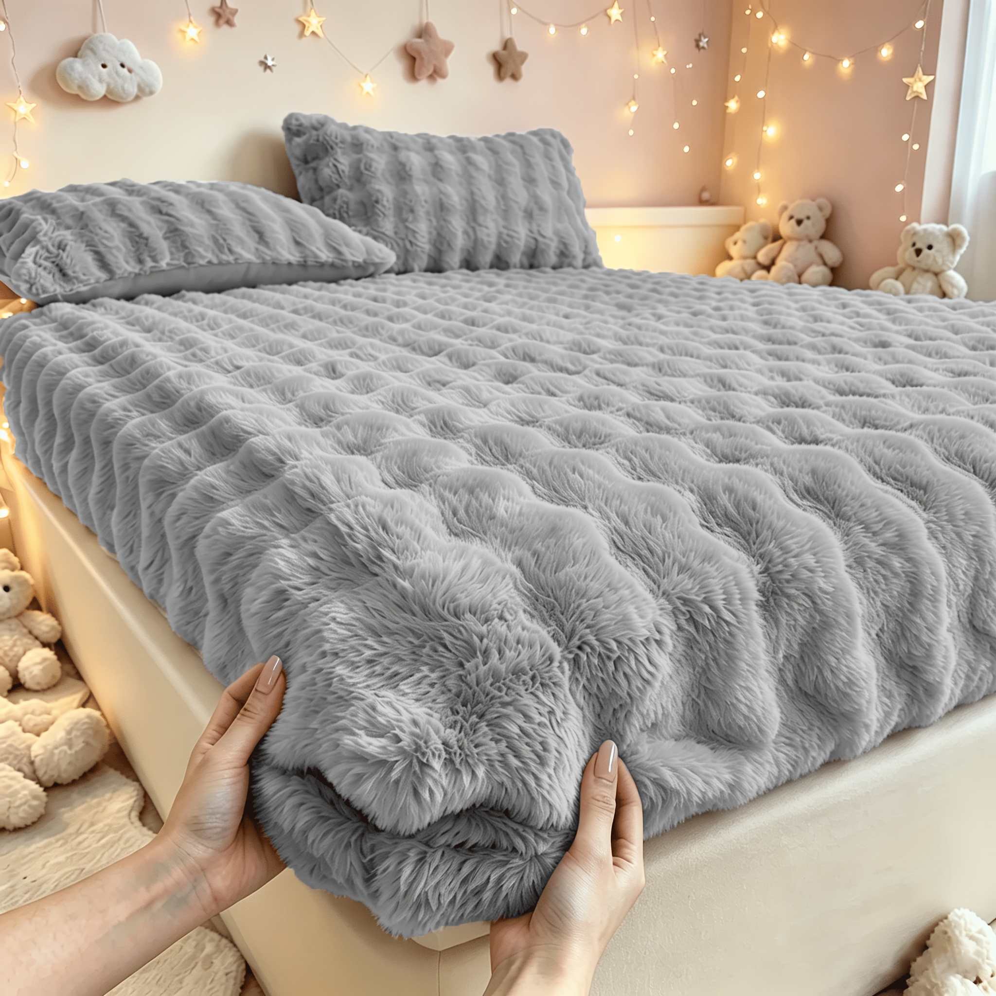 TEMU 1pc Faux Rabbit Fur Fleece Deep Pocket Fitted Sheet - Soft, Breathable, Wrinkle-resistant & Fade-resistant - Bedding (twin/queen/king) - 35cm