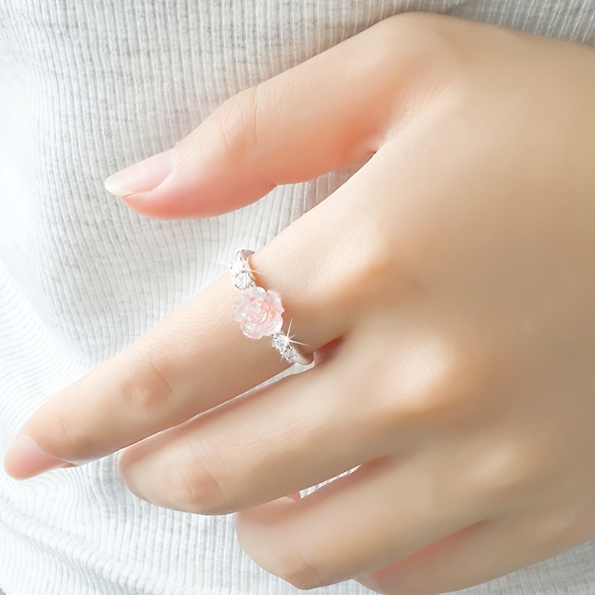 Adjustable Pink Rose Women's Ring with Sparkling Stones