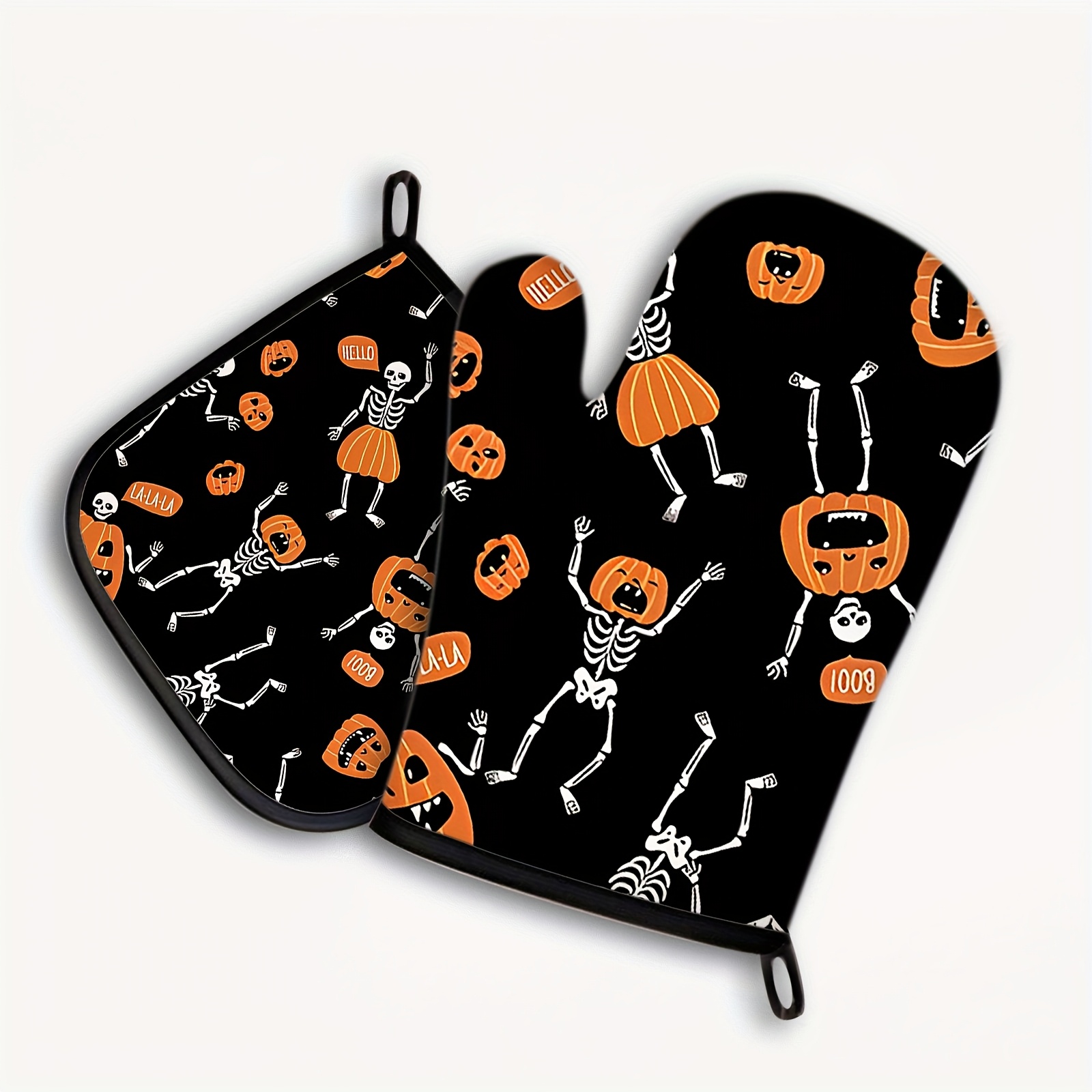TEMU 2 - Piece Set Kitchen Oven Mitts And Potholders, Halloween - Themed Skeletons And Pumpkins Pattern, Ideal For Spooky Kitchens