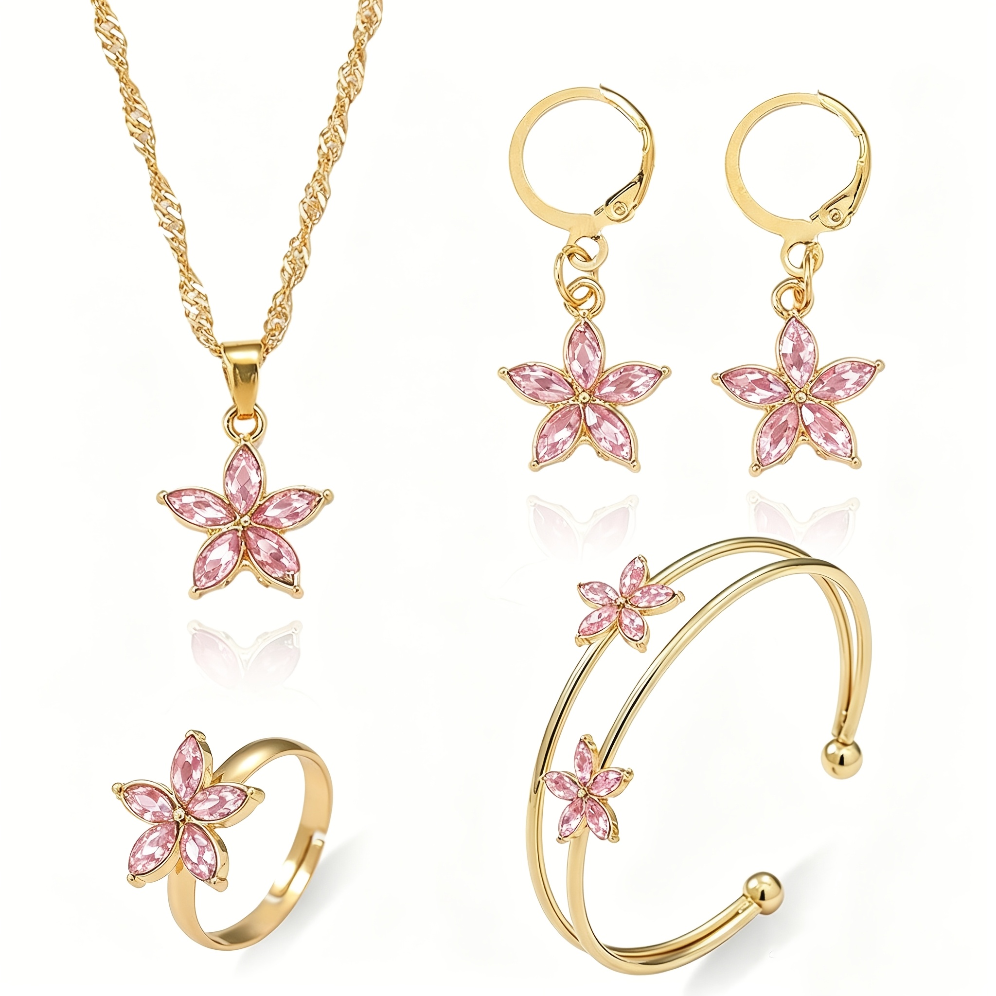 TEMU 5pcs Women's Fashionable Luxurious Bohemian Floral Jewelry Set, 1pc Necklace, 2pcs Earrings, 1pc Bracelet, 1pc Ring, Daily Wear, Anniversary,