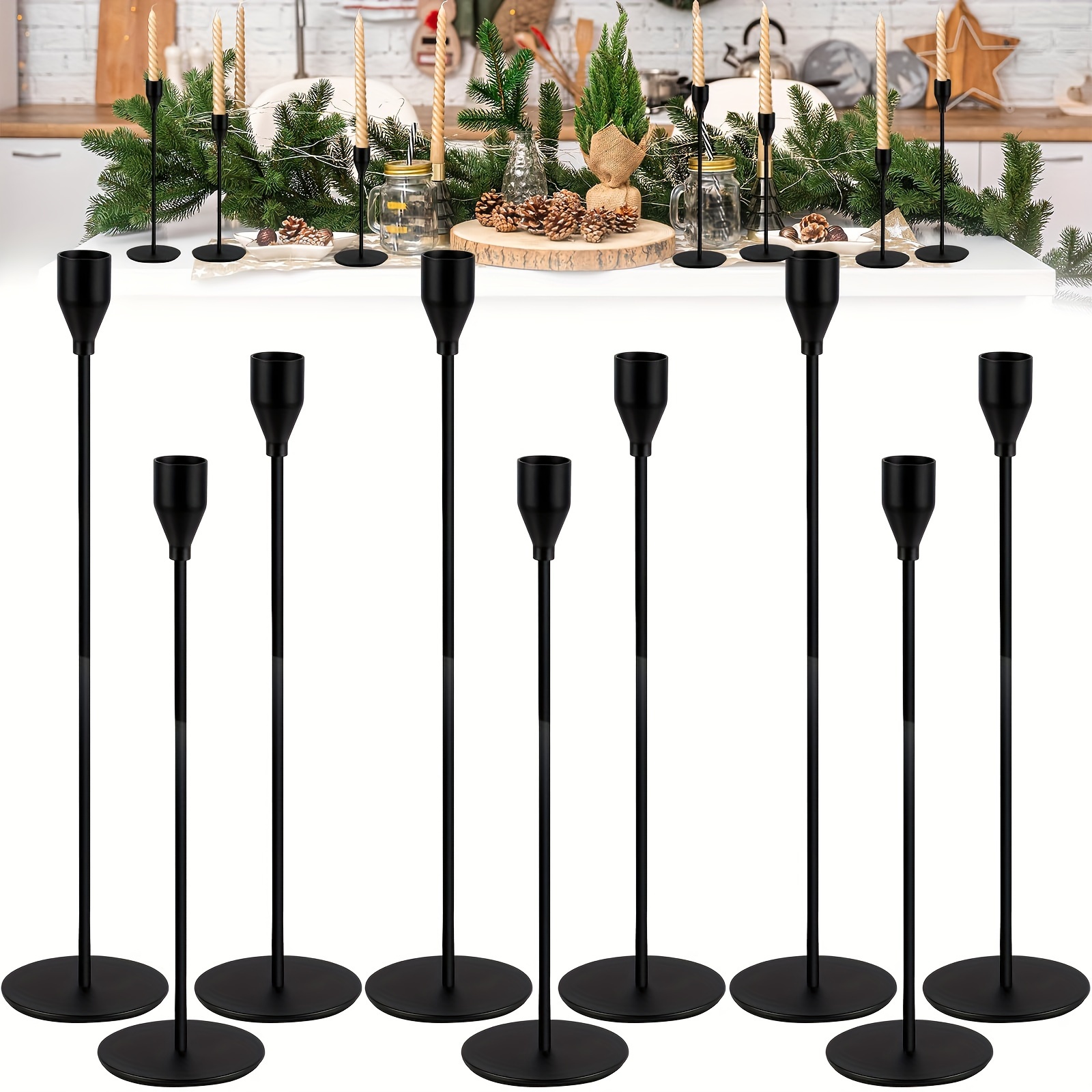 Image of Black Candlestick 9pcs Set, Wedding Candlestick, Dinner Candlestick, Stick Candle Ø2.2 Cm, Retro Decorative Candlestick Stick Candle Decoration, Dining Table Birthday, Wedding Party Thick Candle