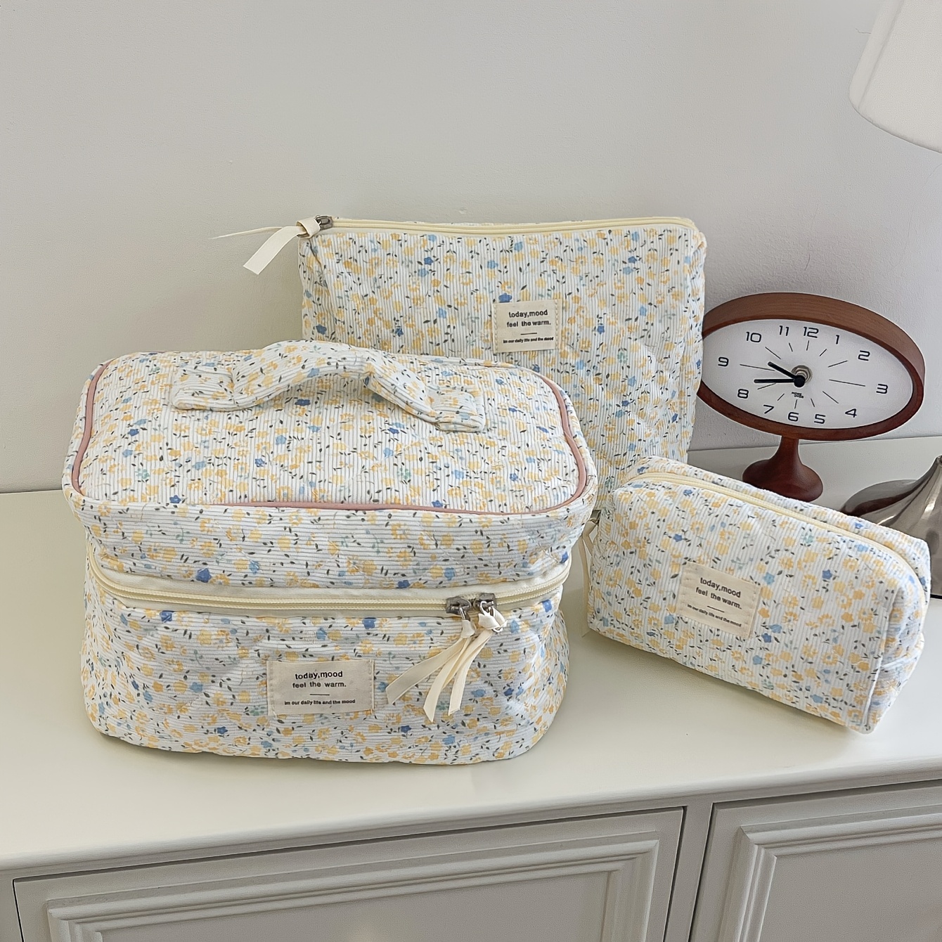 E-shop 2 oder 3 Cord Corduroy Kosmetiktaschen mit gelbem Blumenmuster | Multifunktionales Kosmetik-Aufbewahrungsset, tragbare Reise-Kosmetiktasche,