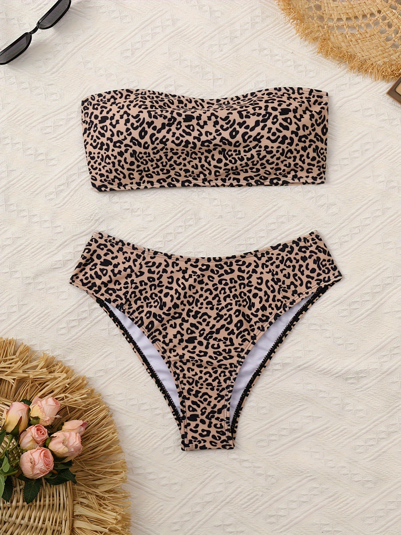 Leopard Print Bandeau Strapless Chic Sexy Style 2 Piece Set Bikini Swimsuits, Women's Swimwear & Clothing