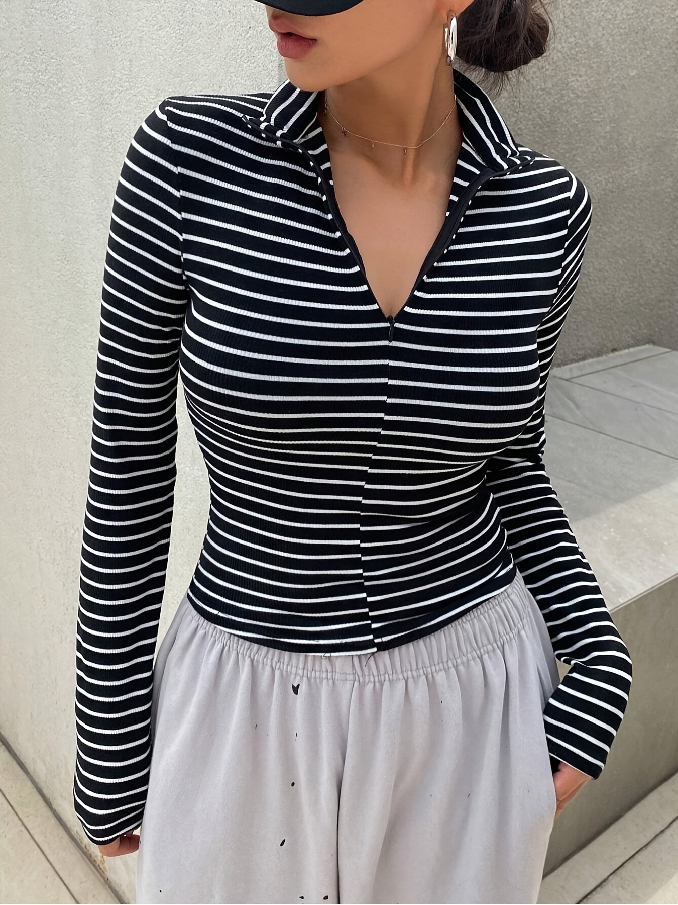 womens v neck long sleeve striped sweatshirt black white Temu Kuwait