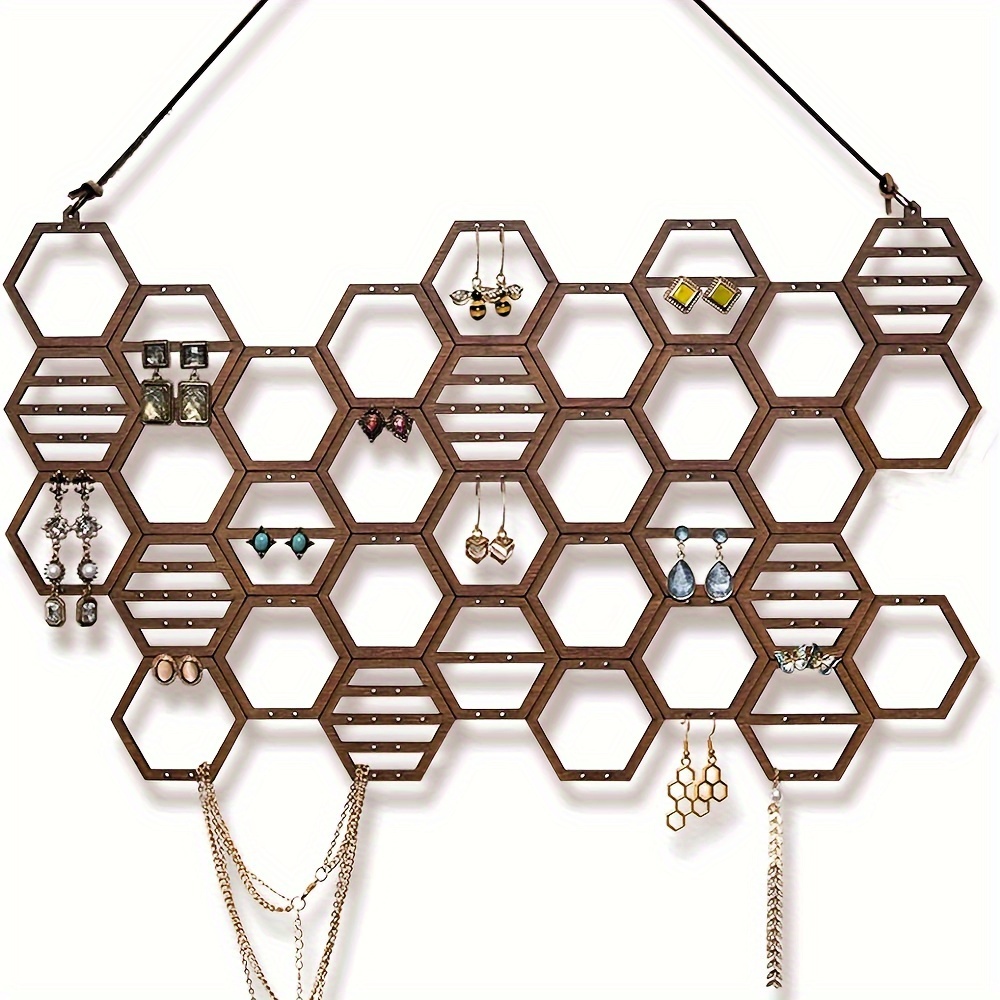 TEMU Honeycomb Wooden Earring Organizer - Wall-mounted Display Rack For Studs & Necklaces, No Power Needed, Jewelry Towers