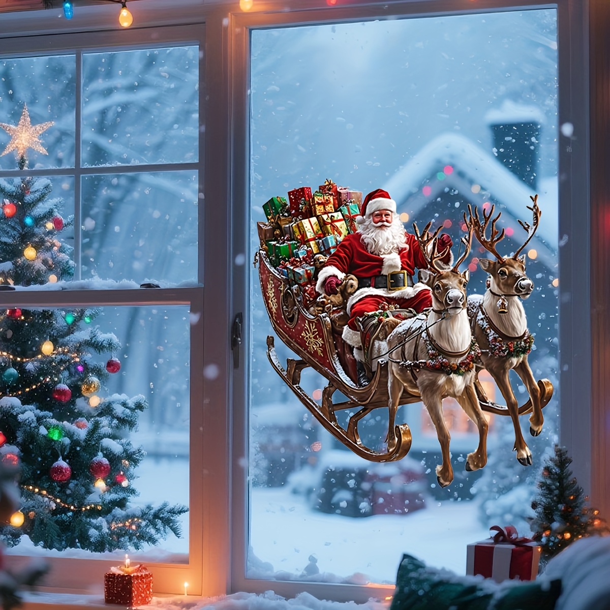 1 stuks Kerstman Schuit Raamsticker - 30x30cm PVC Statische Kleefsticker, Feestelijke Sneeuwachtige Nachtscène met Rendier & Cadeaus, Eenvoudig aan te brengen, Geen Residu, Perfect voor Kersthuisdecoratie, Kerstversiering, Kerst Raamsticker Verwijderbaar, Kerst Raamkleefsticker, Zelfklevende Raamfoto's, Kerst Raamsticker, Raamfolie, Raamstickers, Kerst Raamfoto's, Kerst Raamdecoratie, Raamsticker, Kerst Raamstickers, Nieuwe Kerstversiering, Kerst