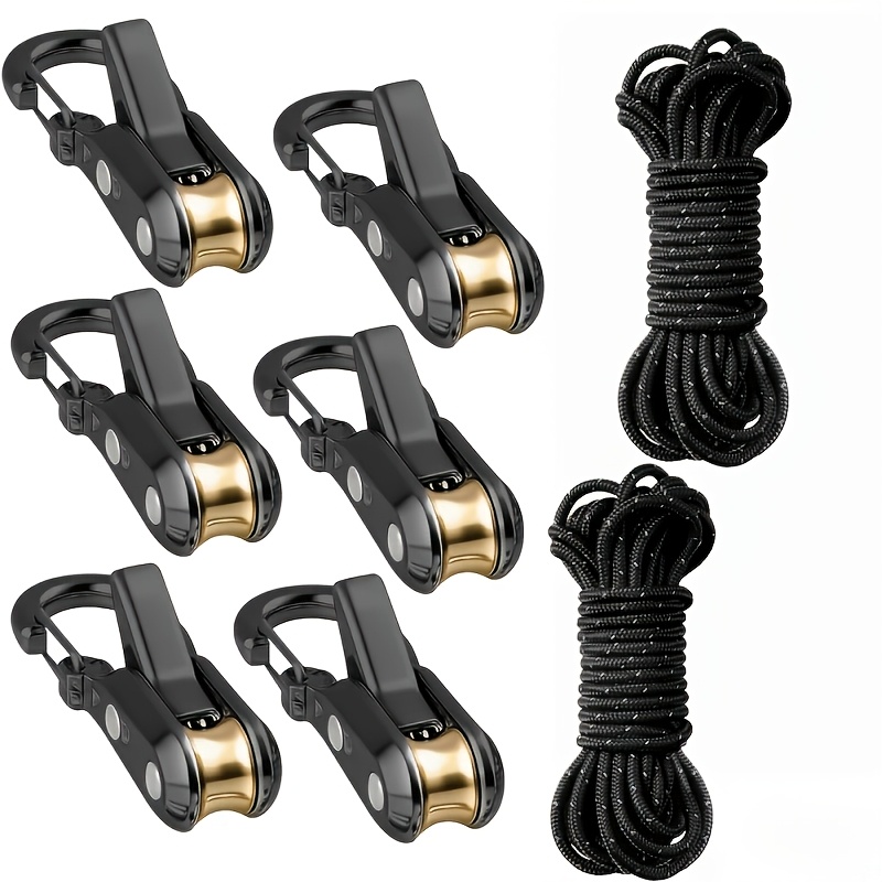 TEMU 8pcs Set Of Brand Rope Fastening Tools And Tensioners, Including 6 Fasteners And 2 Ropes. Features 4mm Thick, Long Reflective Heavy-duty