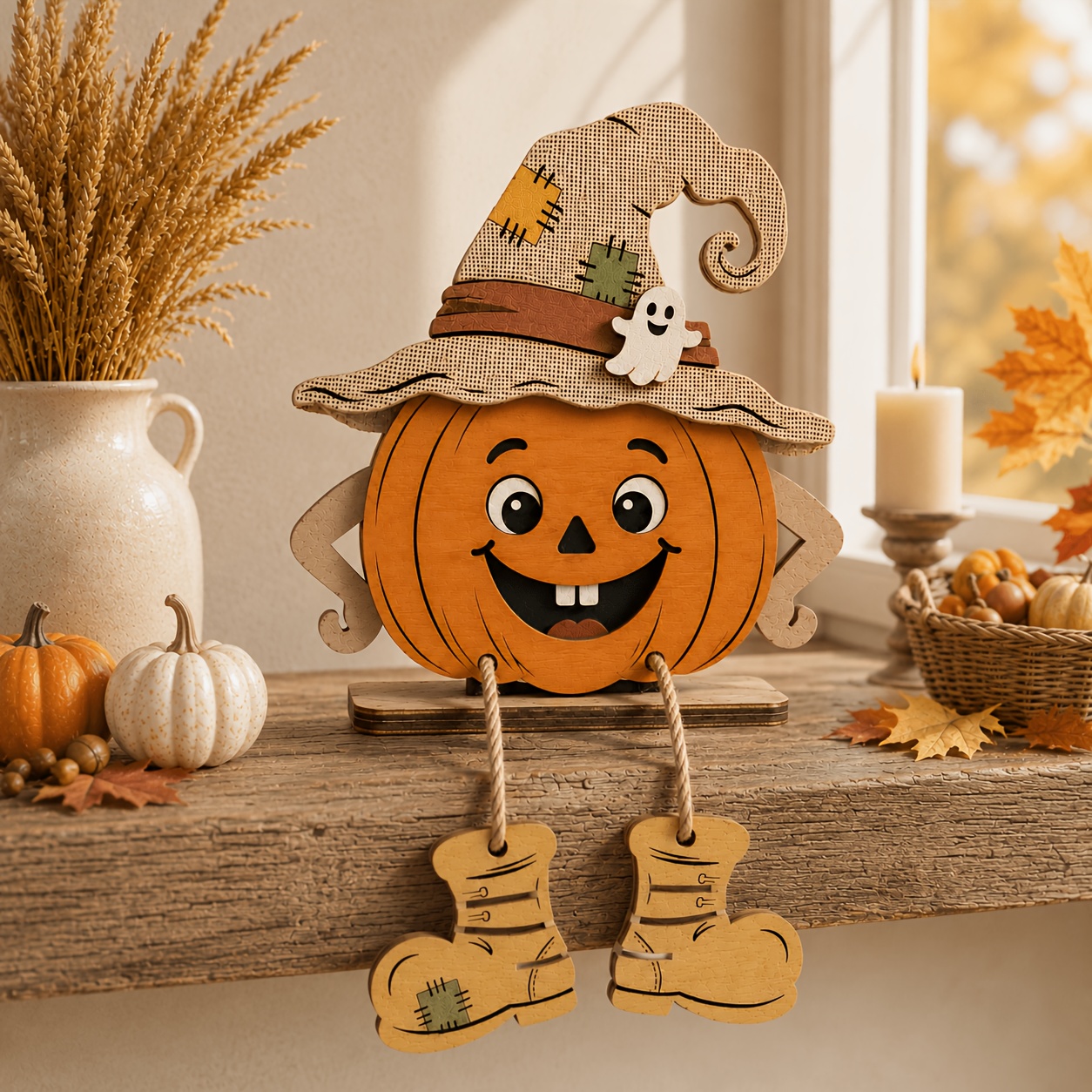 TEMU Décorations de Noël Rétro en Bois de Citrouille d'Halloween, 3 Styles de Figurines de Citrouille Mignonnes Disponibles, Complètes avec Chapeaux